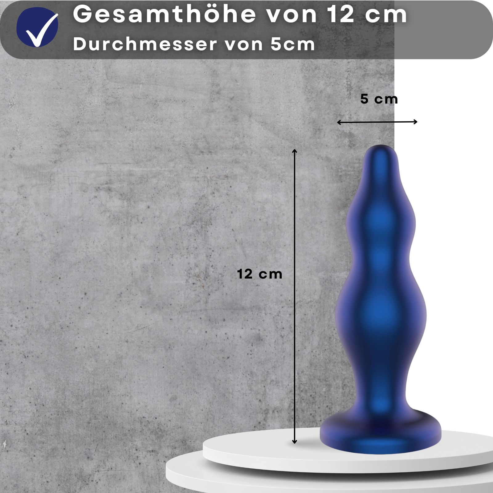 Blauer Analplug, 12 cm hoch, 5 cm Durchmesser. Metallic-Blau.