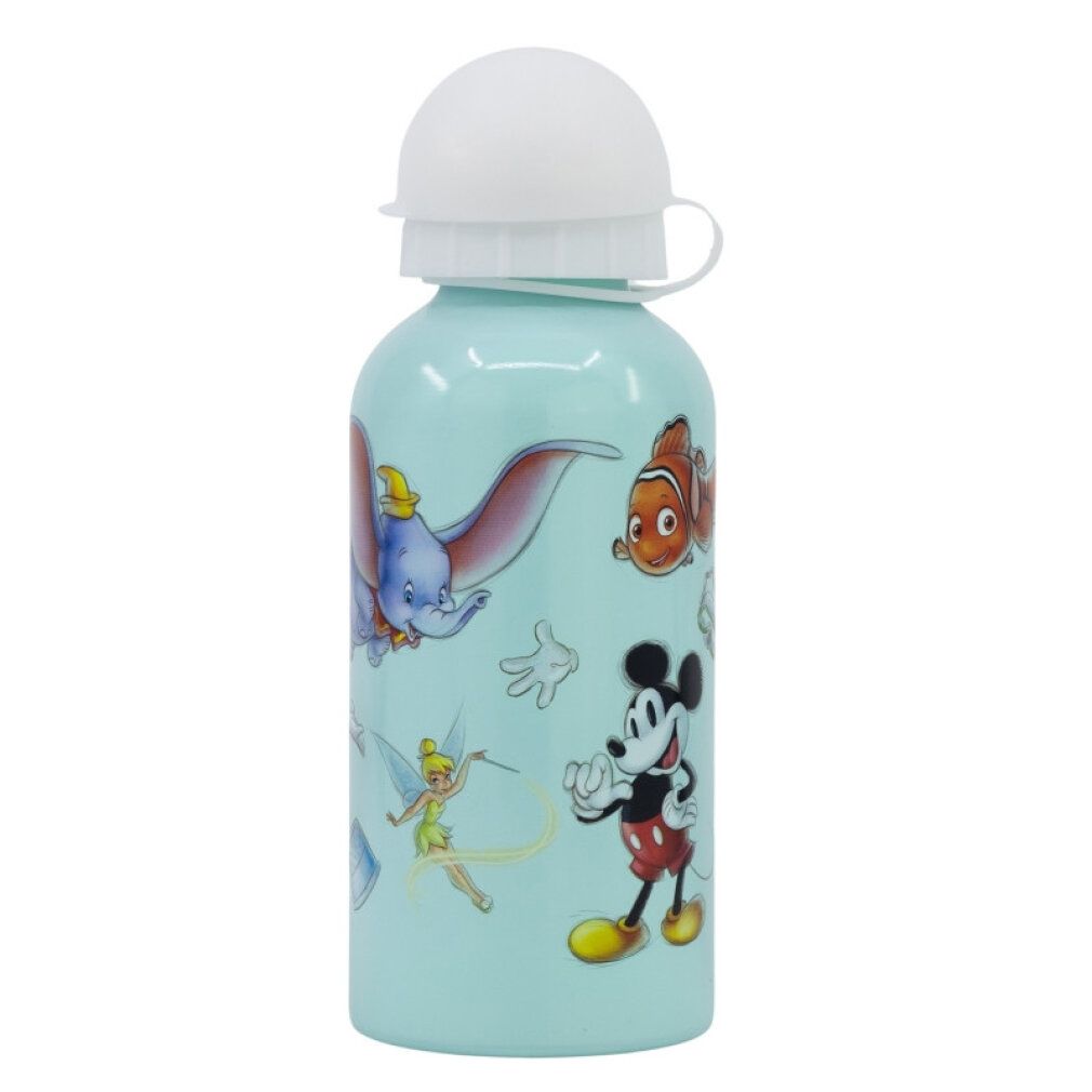 Hellblaue Trinkflasche mit Disney-Figuren: Dumbo, Nemo, Mickey und Tinkerbell. Weißer Deckel. Aluminium-Trinkflasche.