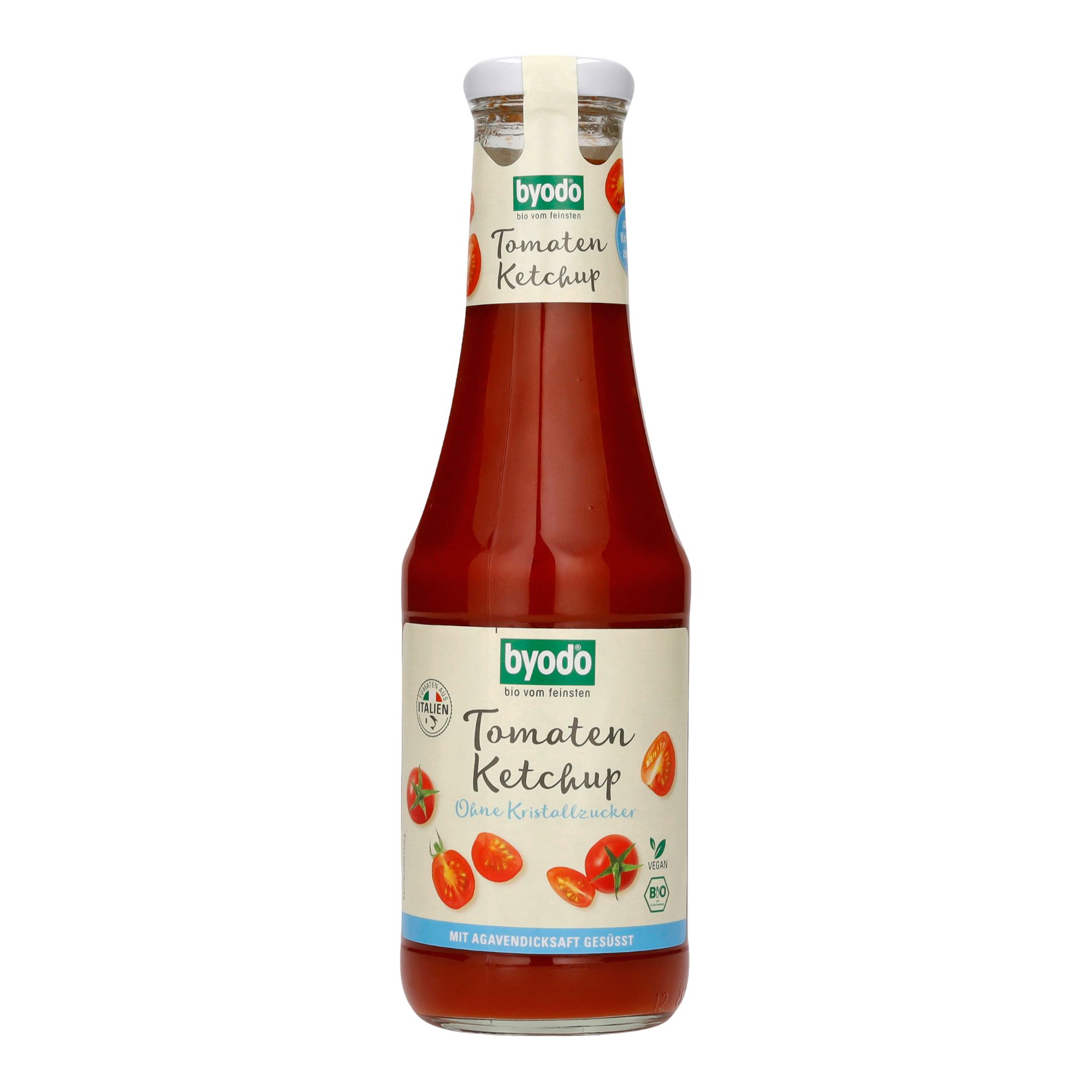 Byodo Tomaten Ketchup ohne Kristallzucker in Glasflasche. Bio-Siegel und vegan-Logo sichtbar.