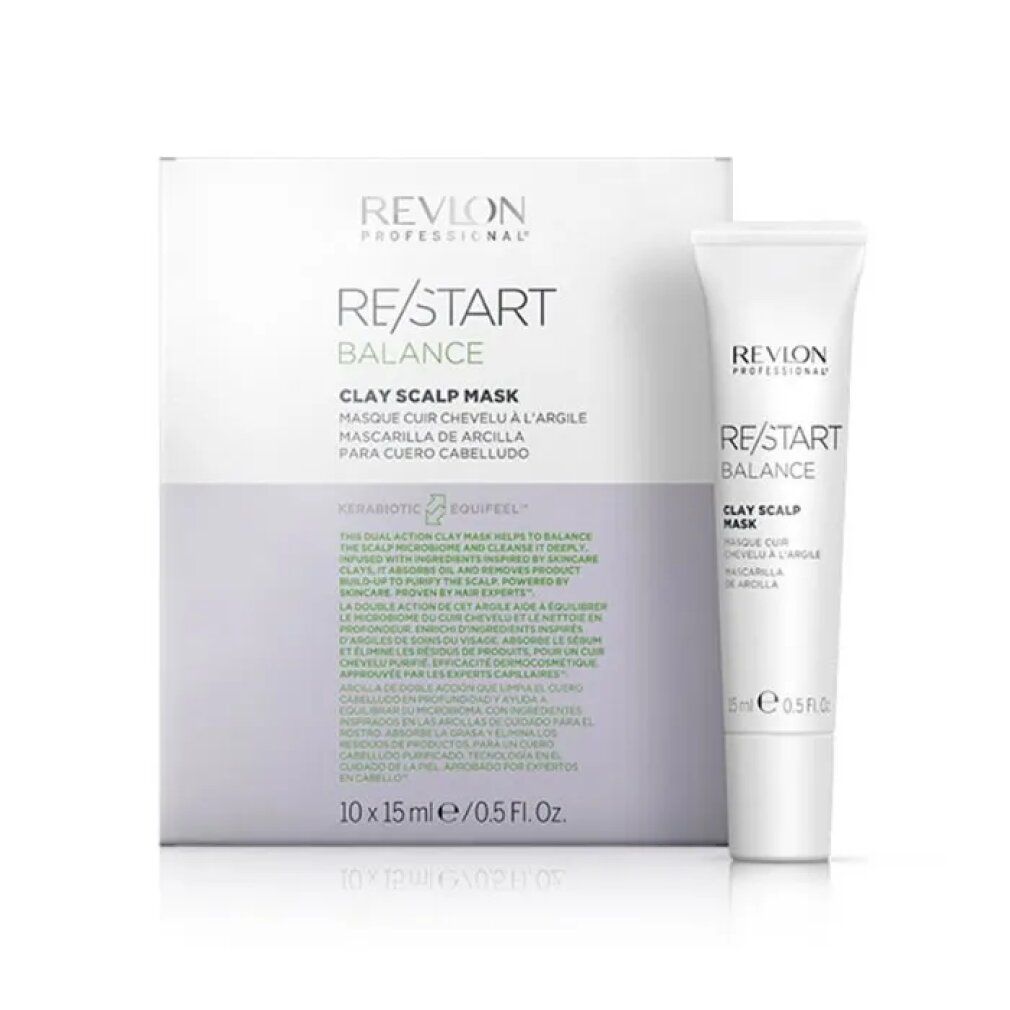 Verpackung und Tube. Aufschrift: Revlon Professional, Re/Start Balance Clay Scalp Mask. 10 x 15 ml.