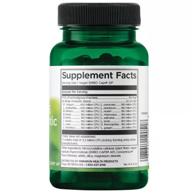 Rückseite der grünen Flasche. Aufschrift: Supplement Facts. Auflistung der Inhaltsstoffe und Nährwerte.