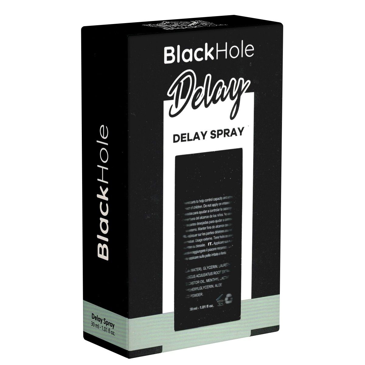 Schwarze Verpackung mit Produktnamen Black Hole Delay Spray. Text in Weiß. Aufschrift Delay Spray. 30 ml.
