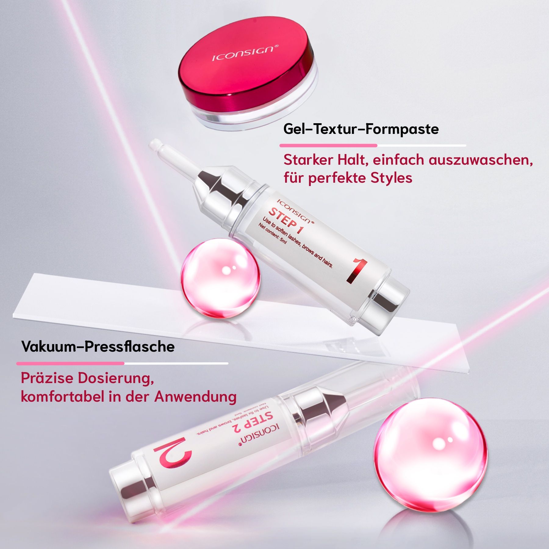 Produkt-Set mit Flaschen und Behälter. Text: Step 1, Step 2, Iconsign. Rosa Kugeln und Linien.