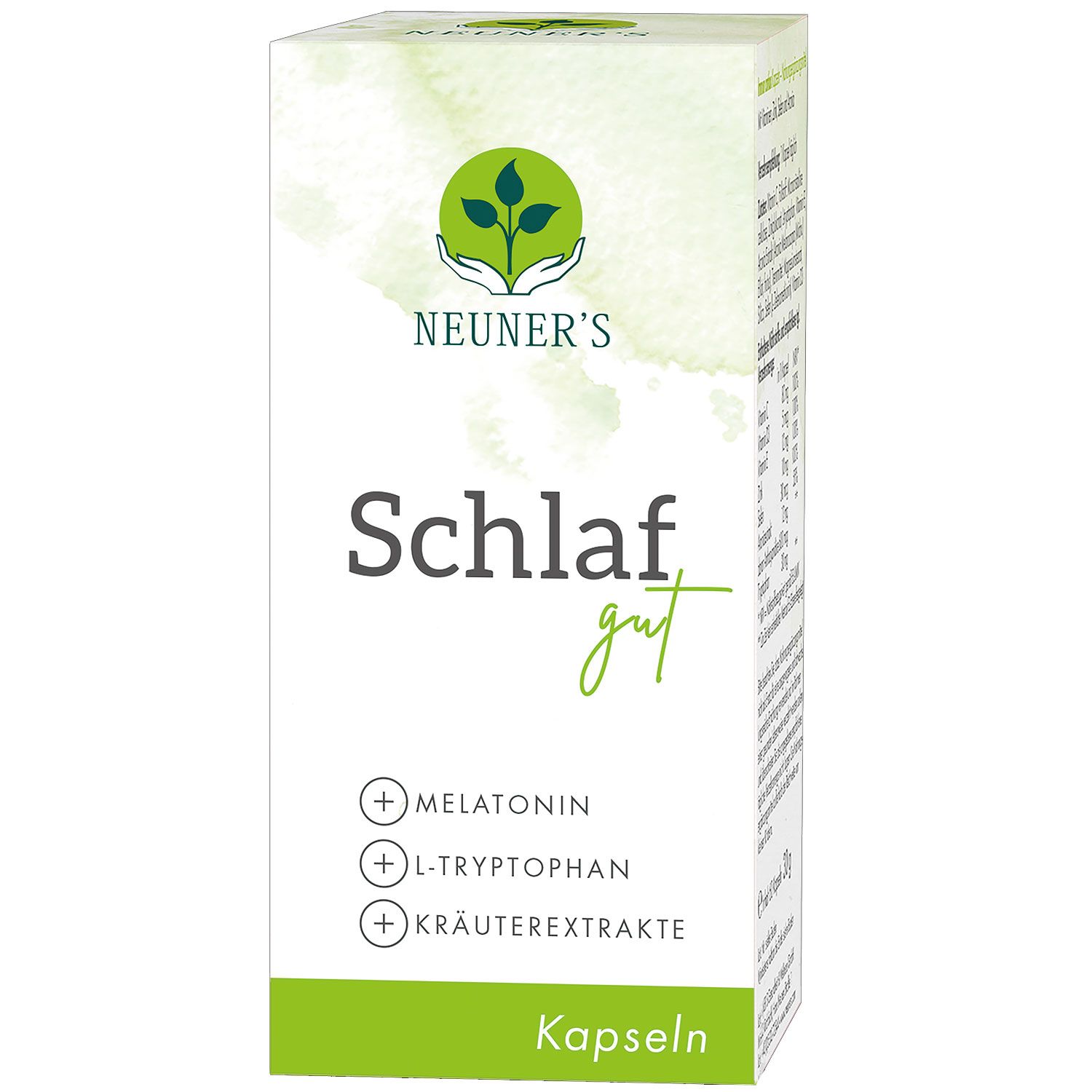 Kapseln-Verpackung mit Logo und Schriftzug "Schlaf gut". Enthält Melatonin, L-Tryptophan und Kräuterextrakte. Grün-weiße Farbgebung.