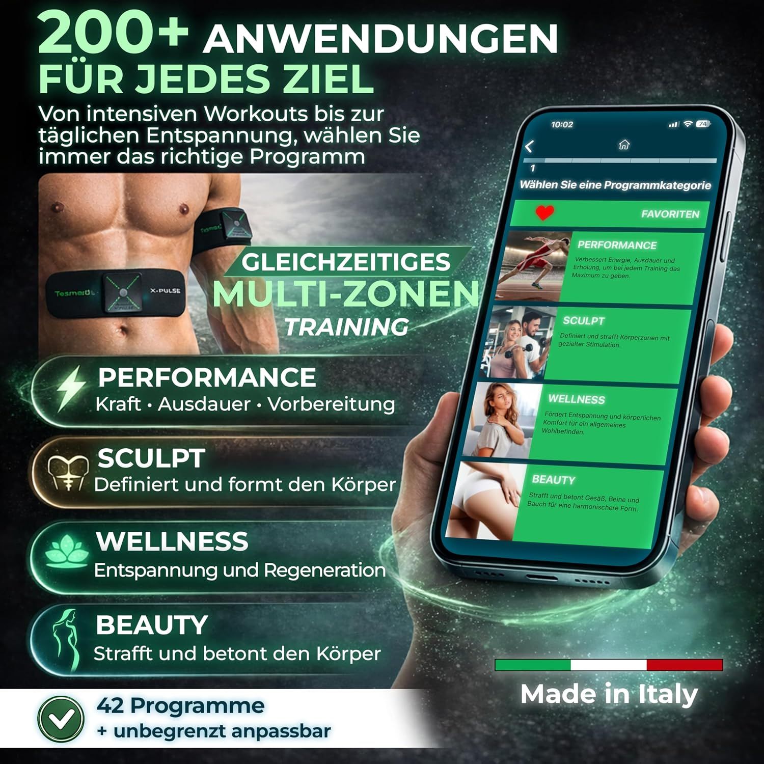 TESMED X-Pulse kabelloser EMS/TENS-Elektrostimulator mit App, 2 Geräte, 130 Intensitätsstufen