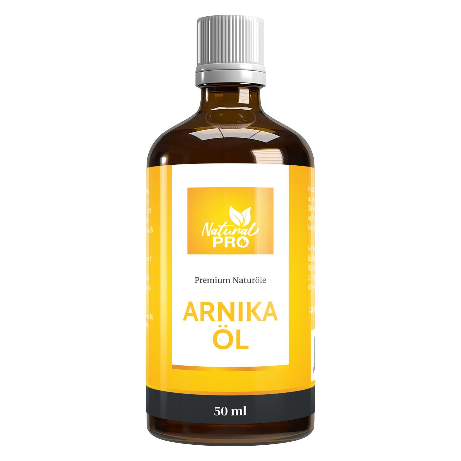Braune Glasflasche mit gelbem Etikett. Text: Arnika Öl, 50 ml. Weißer Deckel. Logo: Natural Pro. Premium Naturöle.
