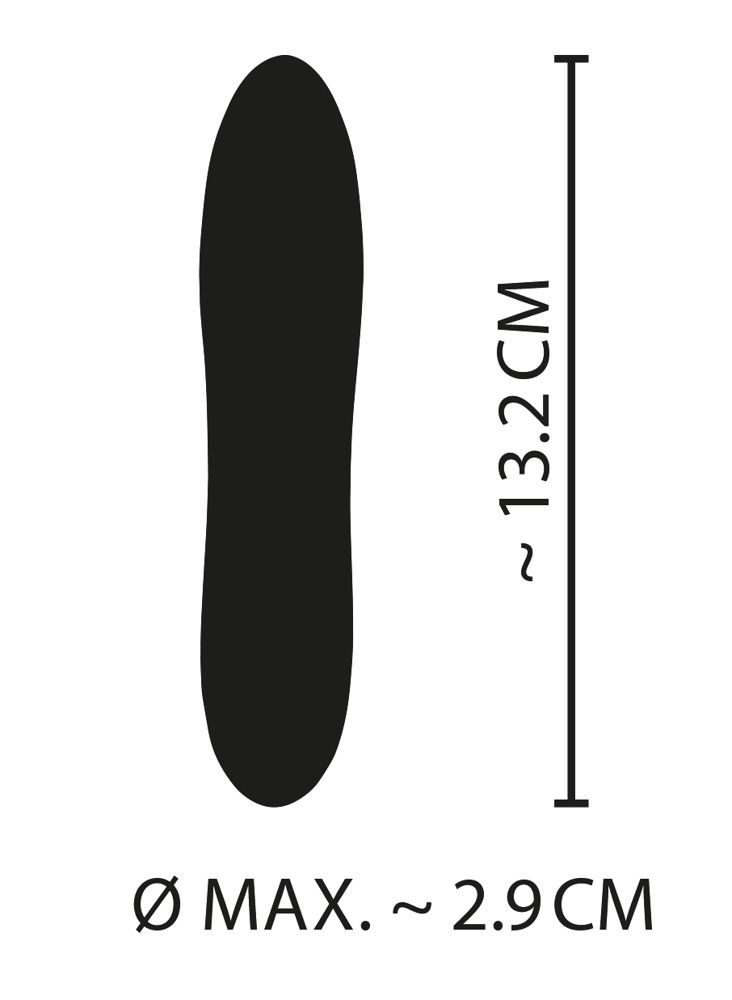 Abmessungen eines Mini-Vibrators: Länge 13,2 cm, maximaler Durchmesser 2,9 cm.