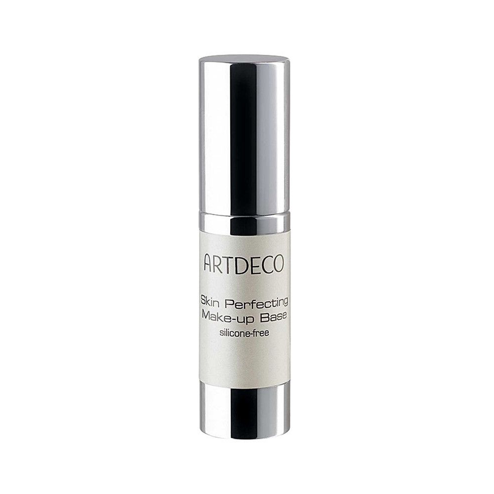 Artdeco Skin Perfecting Make-up Base. Silberne Flasche mit Produkttext. Deckel aufgesetzt.