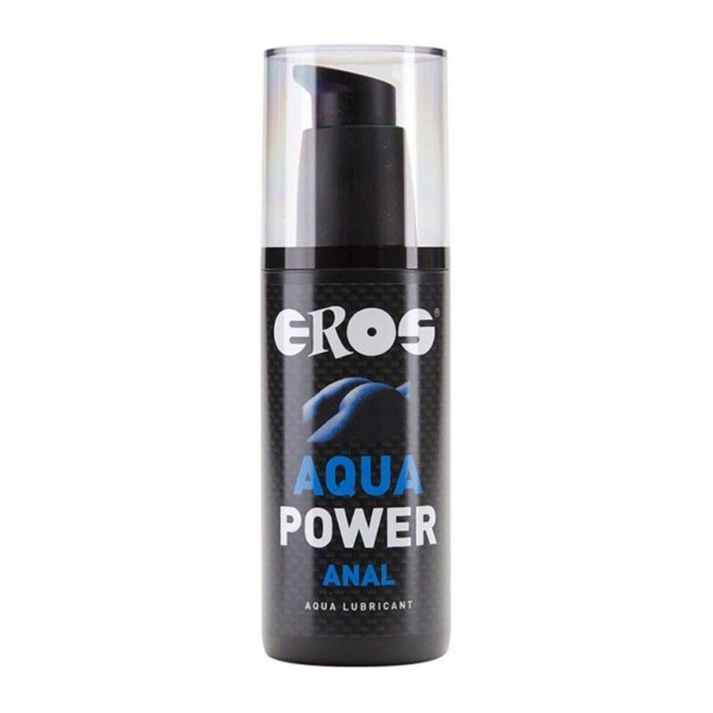 Schwarze Flasche mit Pumpe. Aufschrift: EROS, AQUA POWER, ANAL. Aqua Lubricant.