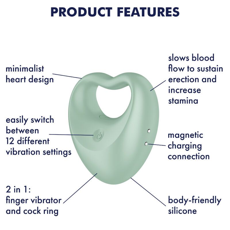 Infografik: Penisring mit Fingervibrator. Herzförmig, mintfarben. Funktionen: 12 Vibrationen, Silikon, 2in1.