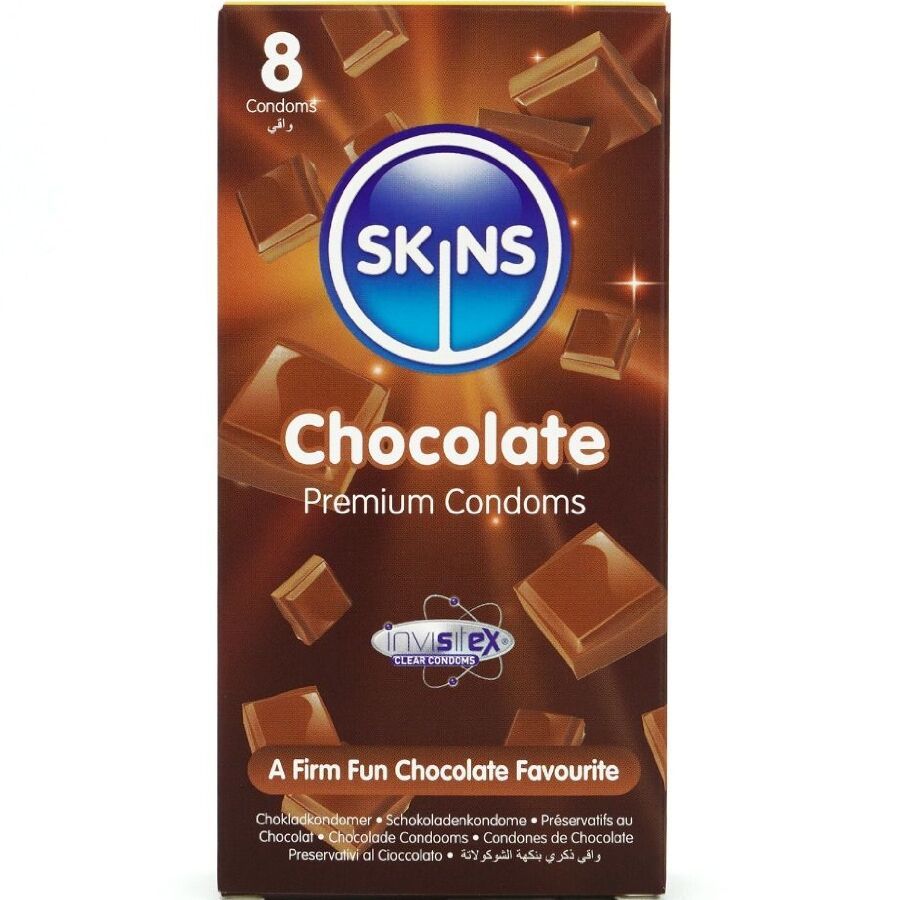 Verpackung mit 8 Skins Chocolate Kondomen. Aufdruck: Chocolate, Premium Condoms. Abbildung von Schokoladenstücken.