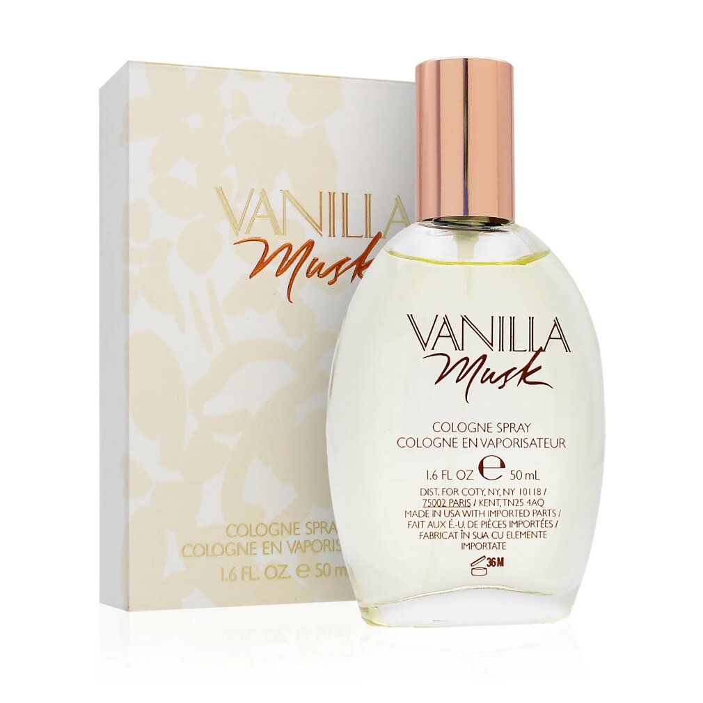 Parfümflasche und Verpackung. "Vanilla Musk" und "Cologne Spray" sind sichtbar. 50 ml.