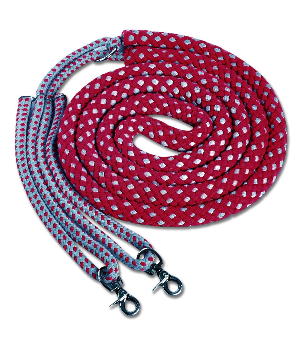 Waldhausen Longierhilfe. Gerolltes rotes Seil mit weißen Punkten. Zwei Karabinerhaken.