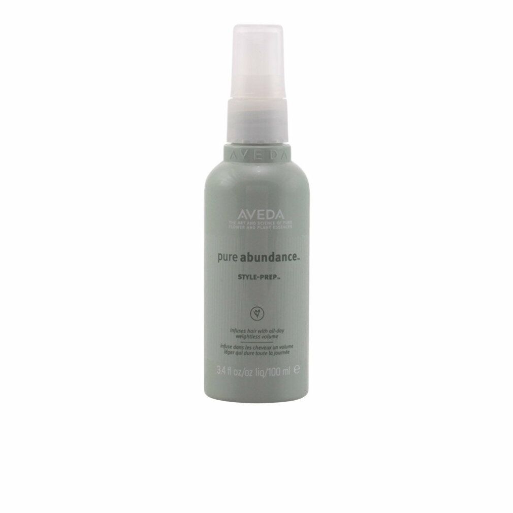 Graue Flasche mit weißem Sprühkopf. Aufschrift: Aveda, pure abundance, Style-Prep. Text: Infuse hair with all-day weightless volume.