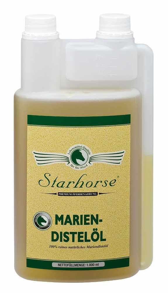 Flasche mit Etikett. Aufschrift Starhorse, Mariendistelöl. Grün-gelbes Etikett, weißer Deckel. 1000 ml.