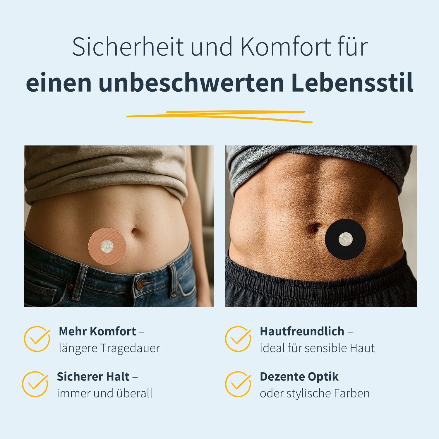 Zwei Personen zeigen Katheterpatches auf dem Bauch. Links: beiger Patch. Rechts: schwarzer Patch. Text: Komfort, sicherer Halt, dezente Optik.