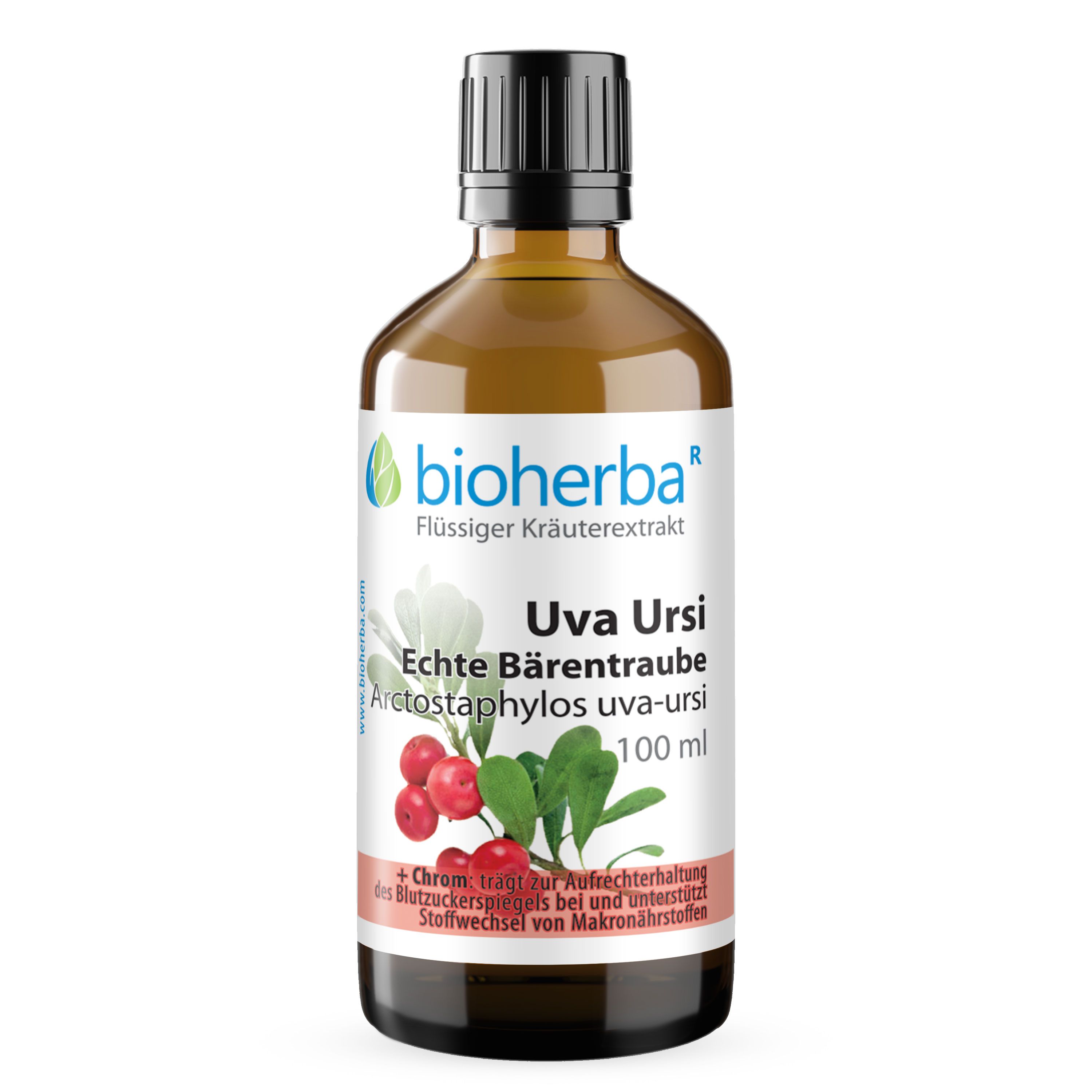 Braune Glasflasche mit schwarzem Deckel. Etikett mit Produktnamen, Pflanzenabbildung und Text. "Bioherba" Logo.