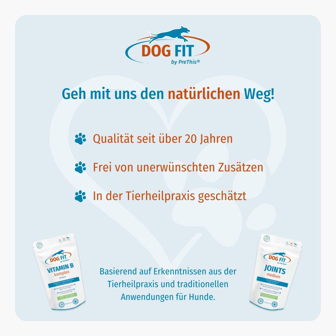 DOG FIT by PreThis® Logo. Text: Qualität seit über 20 Jahren, frei von unerwünschten Zusätzen, in der Tierheilpraxis geschätzt. Zwei Beutel.