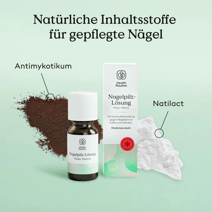 Fläschchen, Schachtel und Inhaltsstoffe. Text: Natürliche Inhaltsstoffe. Antimykotikum und Natilact. Grüner Hintergrund.