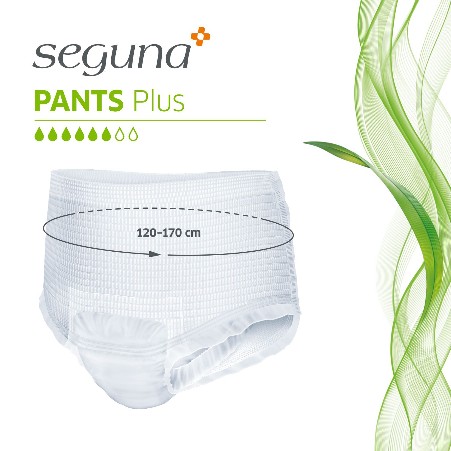 Weiße SEGUNA Pants Plus. Größenangabe: 120-170 cm. Grüne, geschwungene Linien im Hintergrund.