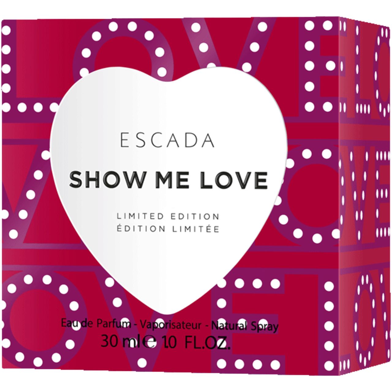Verpackung mit rotem Hintergrund und weißem Herz. Text "ESCADA SHOW ME LOVE".