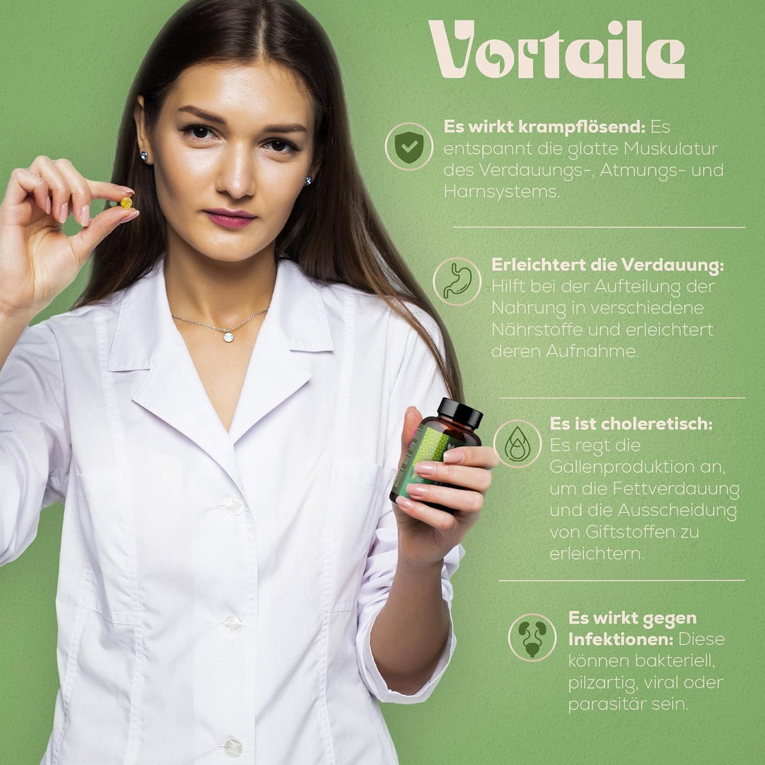 Frau hält Kapsel. Braune Flasche mit grünem Etikett. Text: Vorteile. Kapsel mit Oreganoöl.