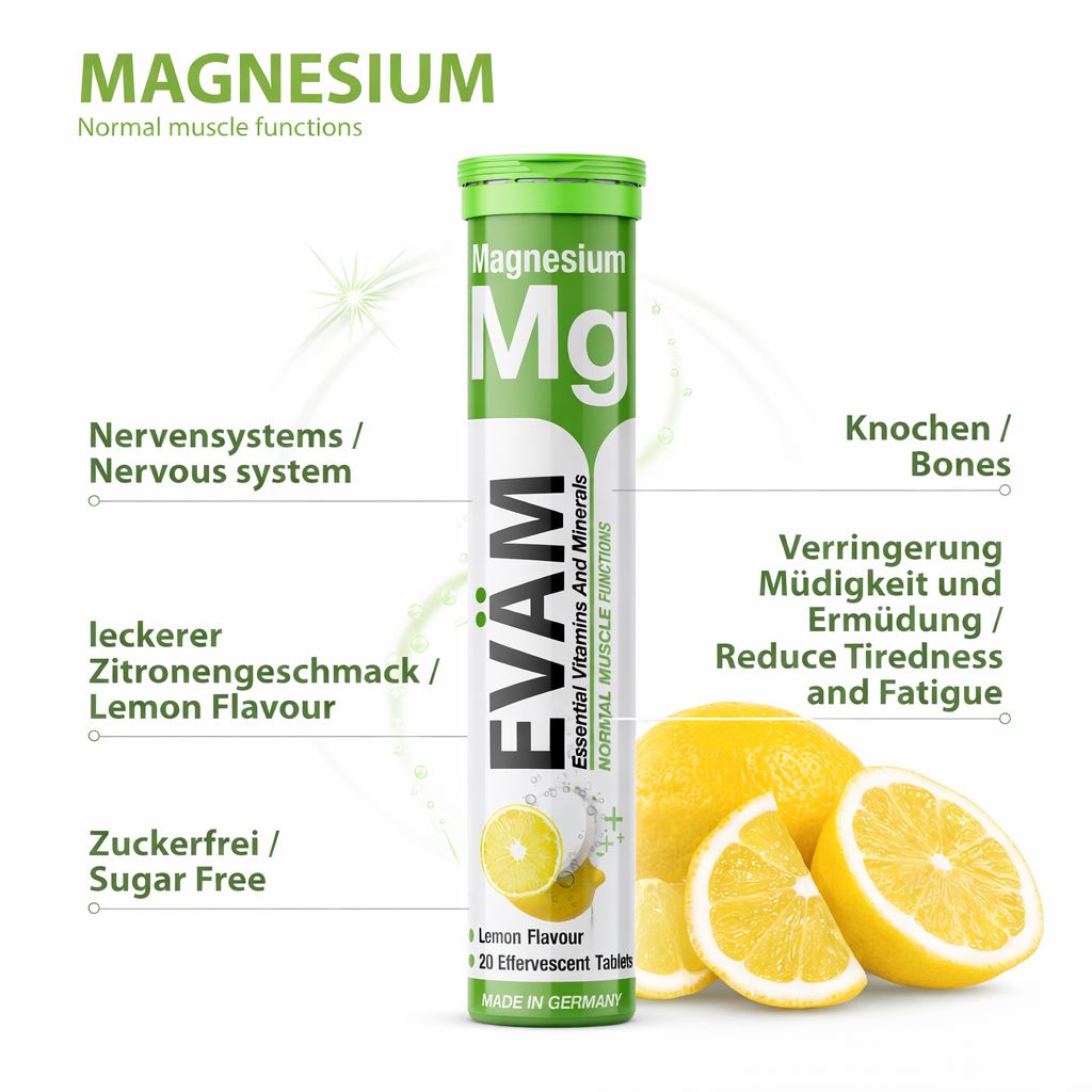 Magnesium Brausetabletten-Tube. Text: Magnesium, Nervensystem, Knochen, Reduzierung Müdigkeit. Zitrone.