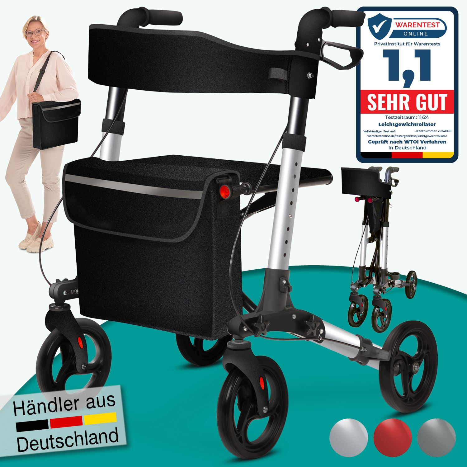 Rollator mit Einkaufstasche, Rückengurt und Stockhalter. Silberfarbenes Gestell, schwarze Räder und Tasche. Auszeichnung "SEHR GUT".