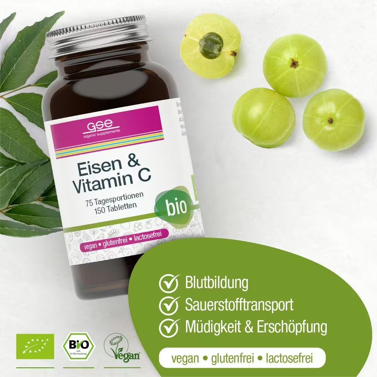 Braune Glasflasche mit 'Eisen & Vitamin C'. Bio-Siegel, 150 Tabletten. Vegan, glutenfrei, laktosefrei. Grüne Früchte.