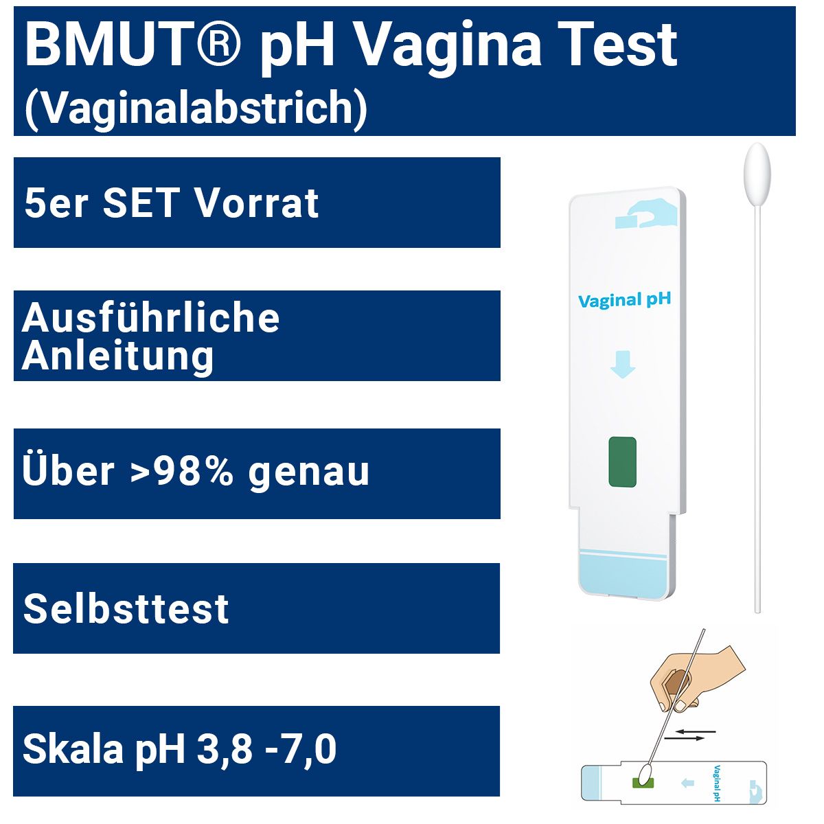 BMUT pH Vagina Test (Vaginalabstrich) 5er SET Vorrat, Selbsttest mit Skala pH 3,8-7,0, über 98% genau.