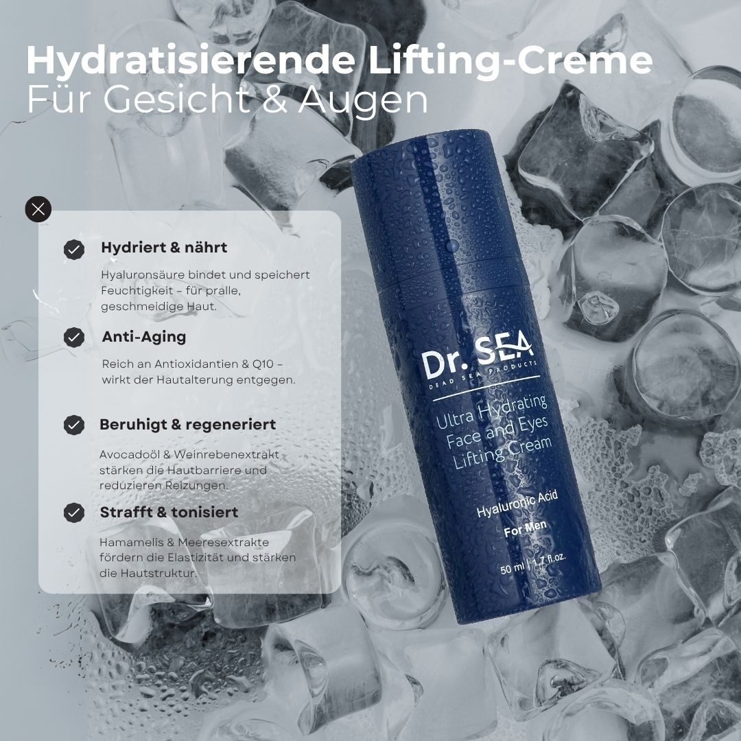 Blaue Creme-Tube auf Eiswürfeln. Text: Hydratisierende Lifting-Creme, für Gesicht & Augen. Inhaltsstoffe und Vorteile.