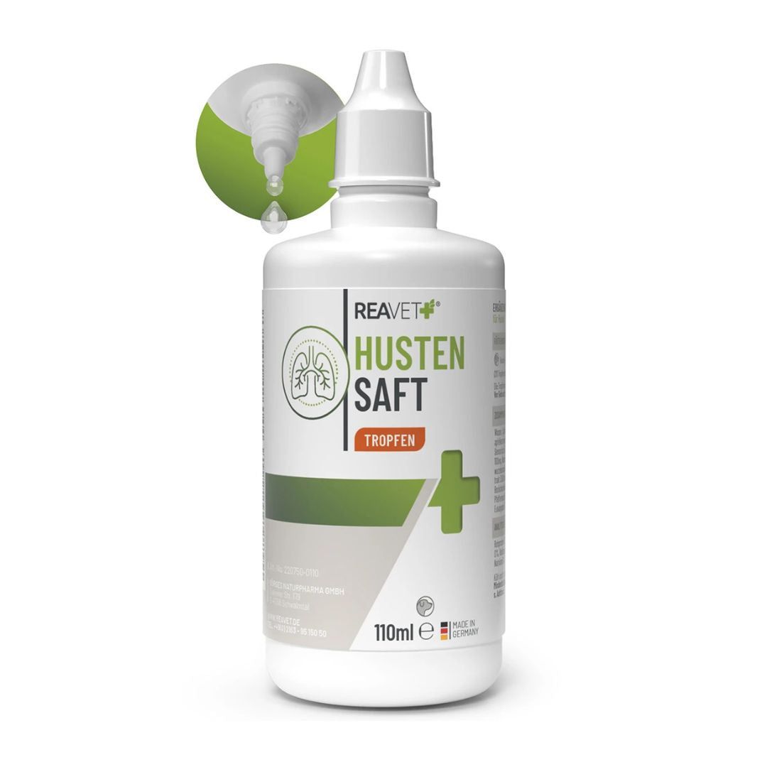 Weiße Flasche mit Hustensaft Tropfen. ReaVET-Logo und Produktbezeichnung. Tropfaufsatz mit Tropfen.