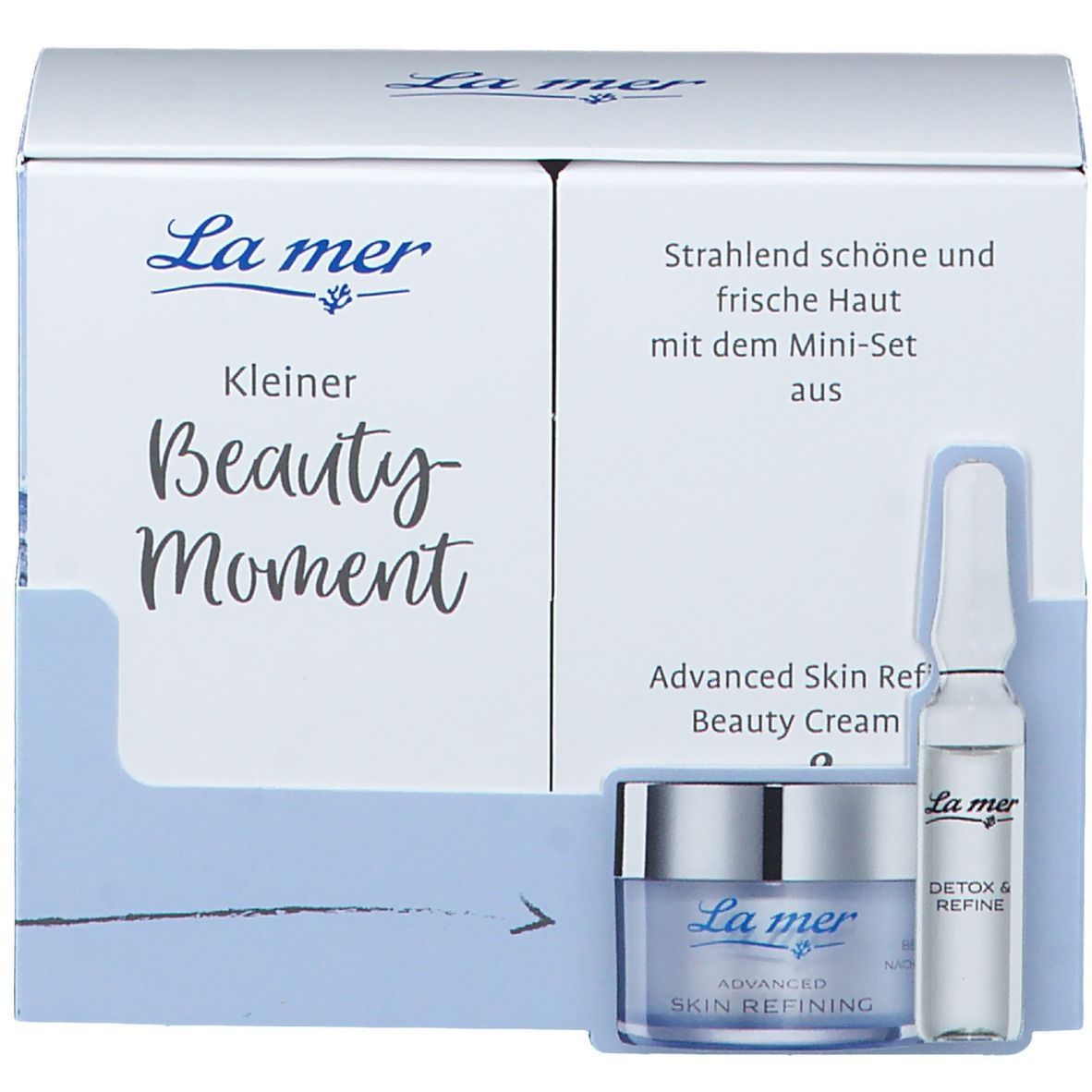 Geschenkset mit Creme und Ampulle. Aufschrift: La mer, Beauty Moment, Advanced Skin Refining.