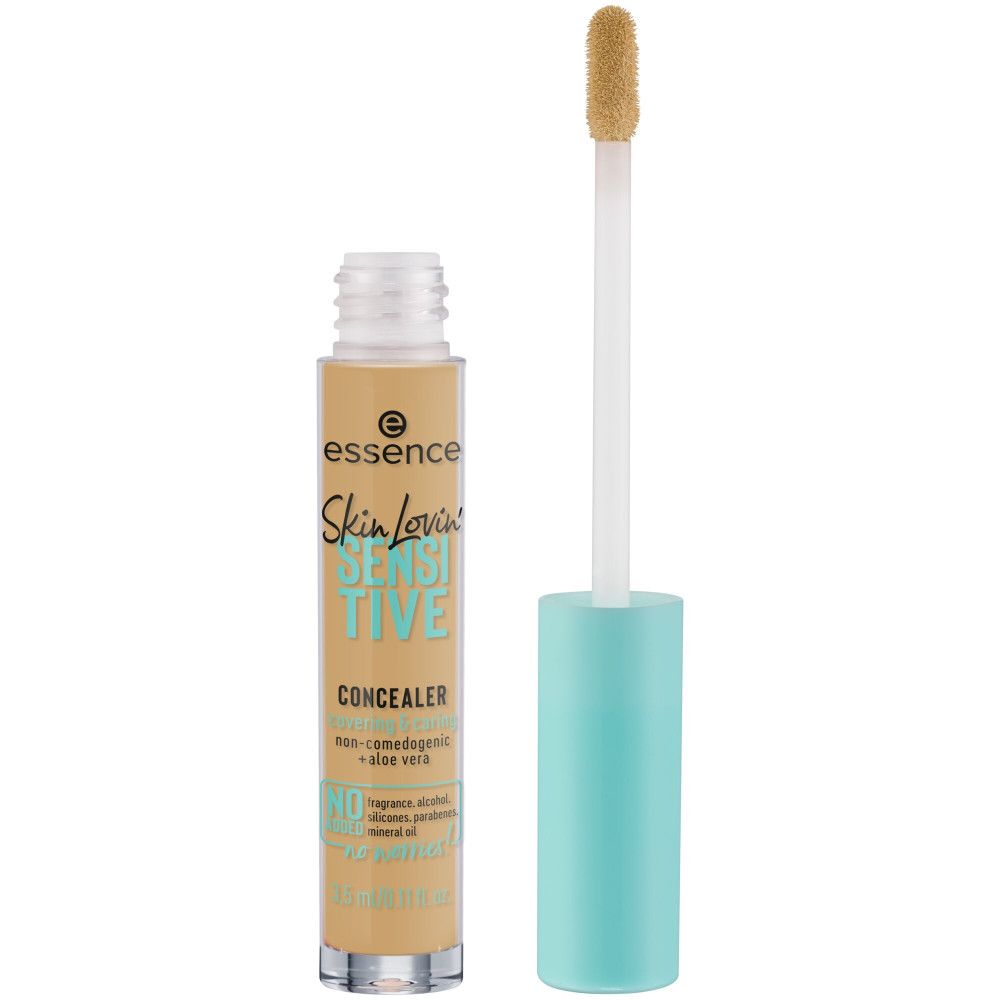 Beige Korrekturstift mit hellblauem Deckel und Applikator. Aufschrift: Essence Skin Lovin' Sensitive Concealer.