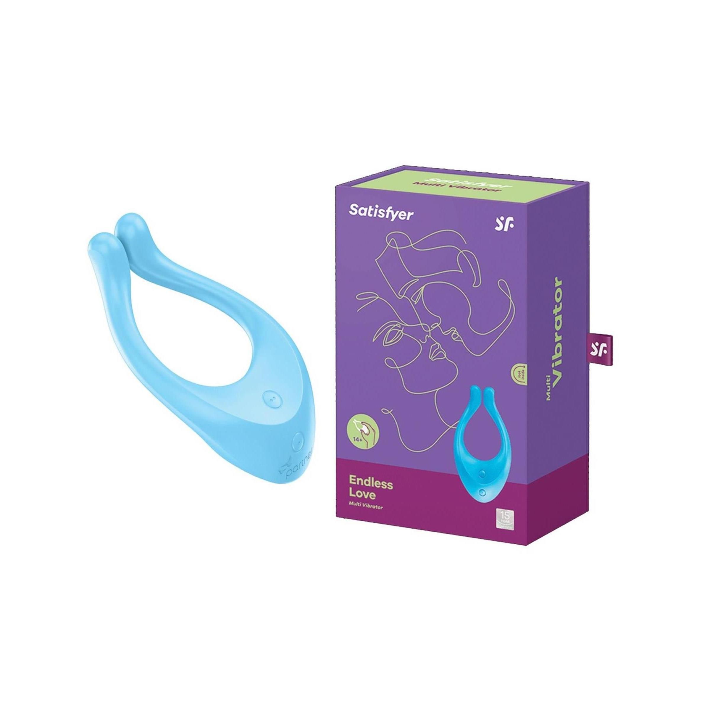 Blauer Partner-Vibrator neben Verpackung. Verpackung mit Produktabbildung und Schriftzug "Satisfyer Endless Love".