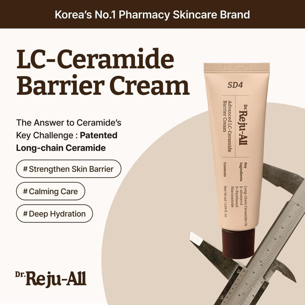DR.REJU-ALL Advanced LC-Ceramide Barrier Cream Tube, mit Messschieber und Text über Hautbarriere-Stärkung.