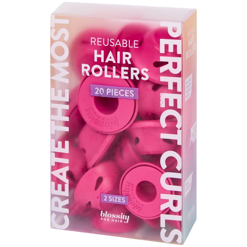 Rosa Lockenwickler in einer transparenten Verpackung. Aufschrift: "REUSABLE HAIR ROLLERS", "20 PIECES", "2 SIZES" und "blossity FOR HAIR".