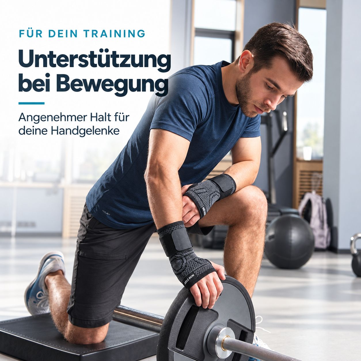 Mann mit Handgelenkbandage beim Gewichtheben, betont die Unterstützung für das Handgelenk beim Training.