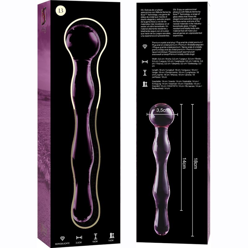 Produktverpackung und Dildo aus Borosilikatglas. Verpackung mit Produktabbildung und technischen Daten. Rosa Dildo daneben.