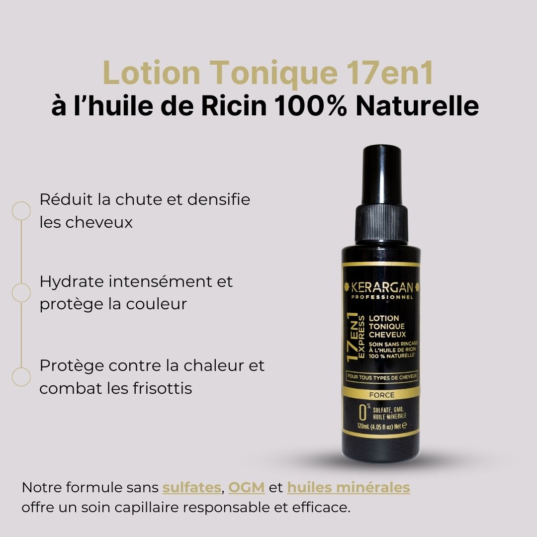Produktflasche mit Text. Lotion Tonique 17en1 à l'huile de Ricin 100% Naturelle. Schwarze Flasche mit gelbem Text.