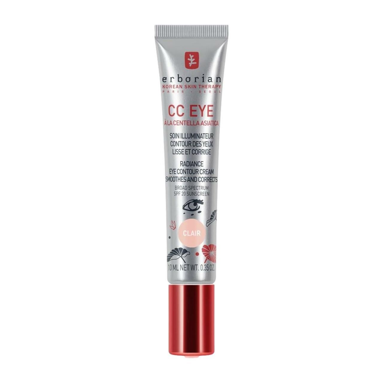 Erborian CC Eye clair. Tube mit Produktinformationen und Logo. Roter Deckel. 10 ml.