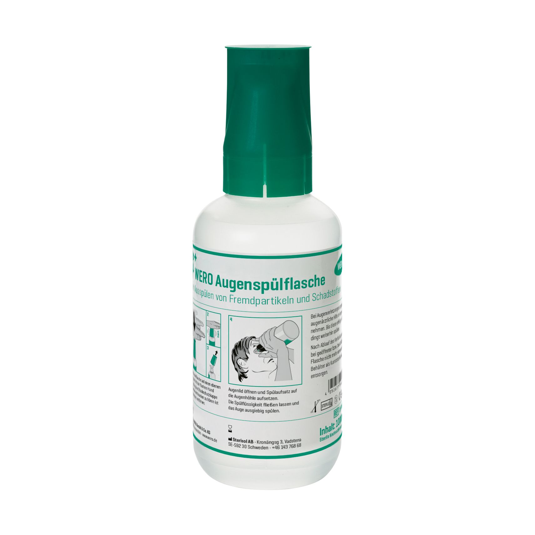 Weiße Augenspülflasche mit grünem Verschluss. Beschriftung: WERO Augenspülflasche. Illustration zur Anwendung.