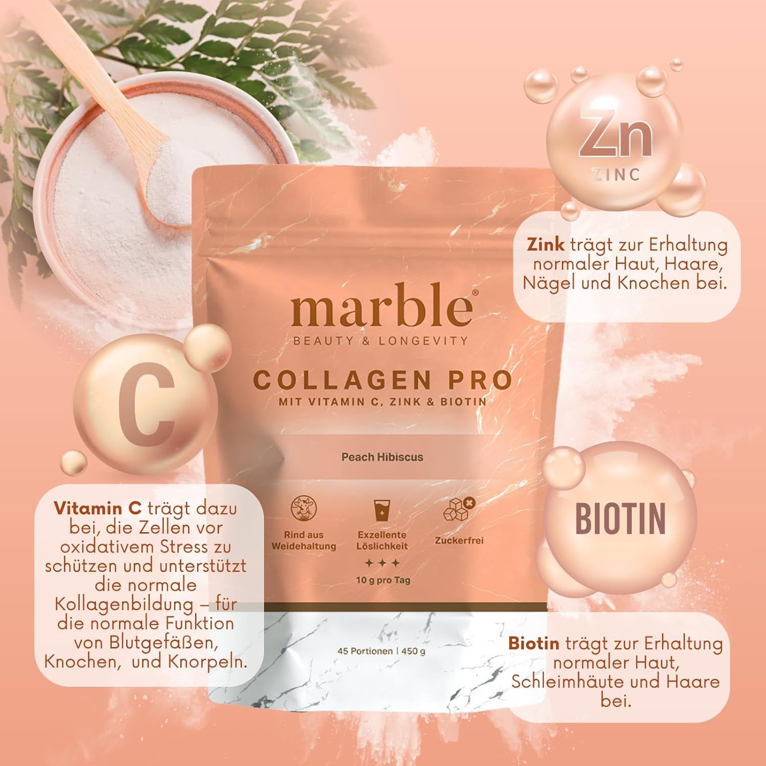 Marble® Collagen Pro Peach Hibiscus Beutel mit Hervorhebung von Vitamin C, Zink und Biotin.