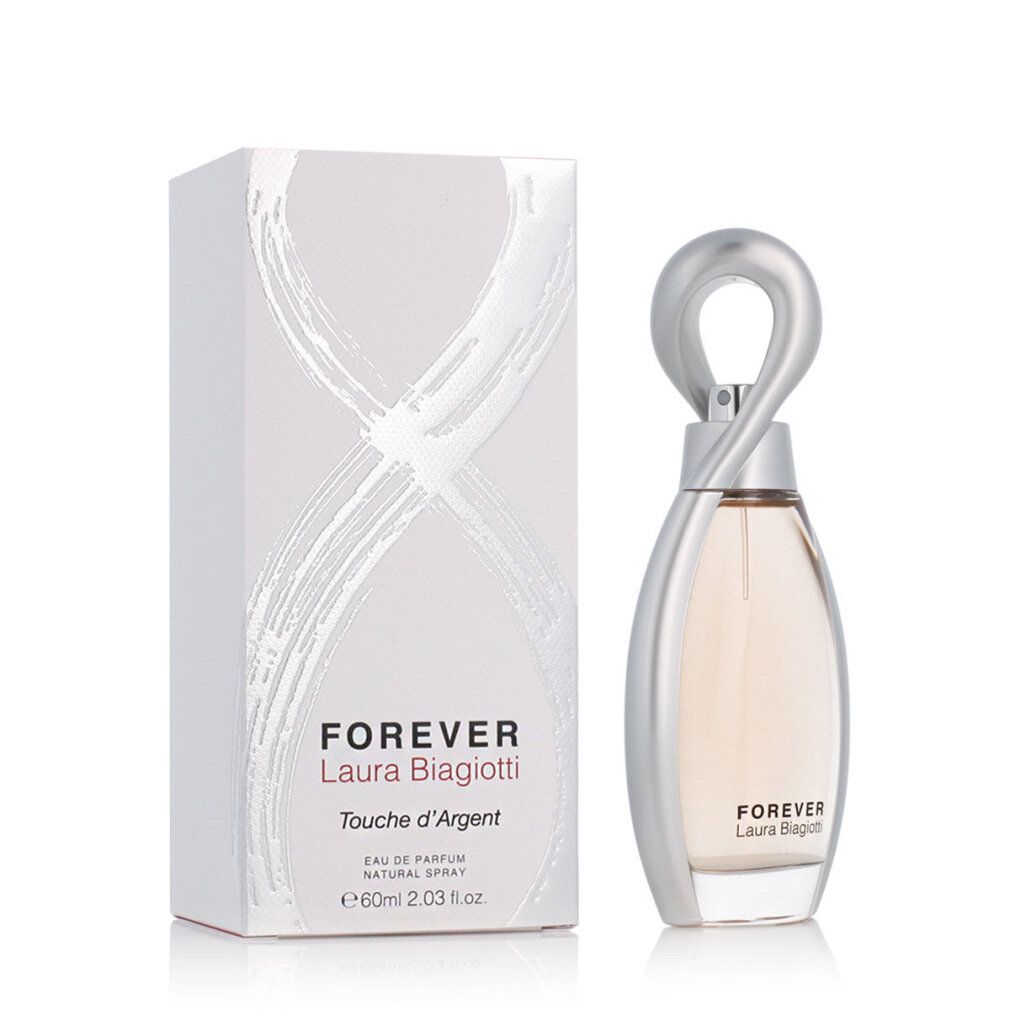 Parfümflakon und Verpackung. Flakon mit silbernem Verschluss. Verpackung mit Produktnamen: Forever Laura Biagiotti.