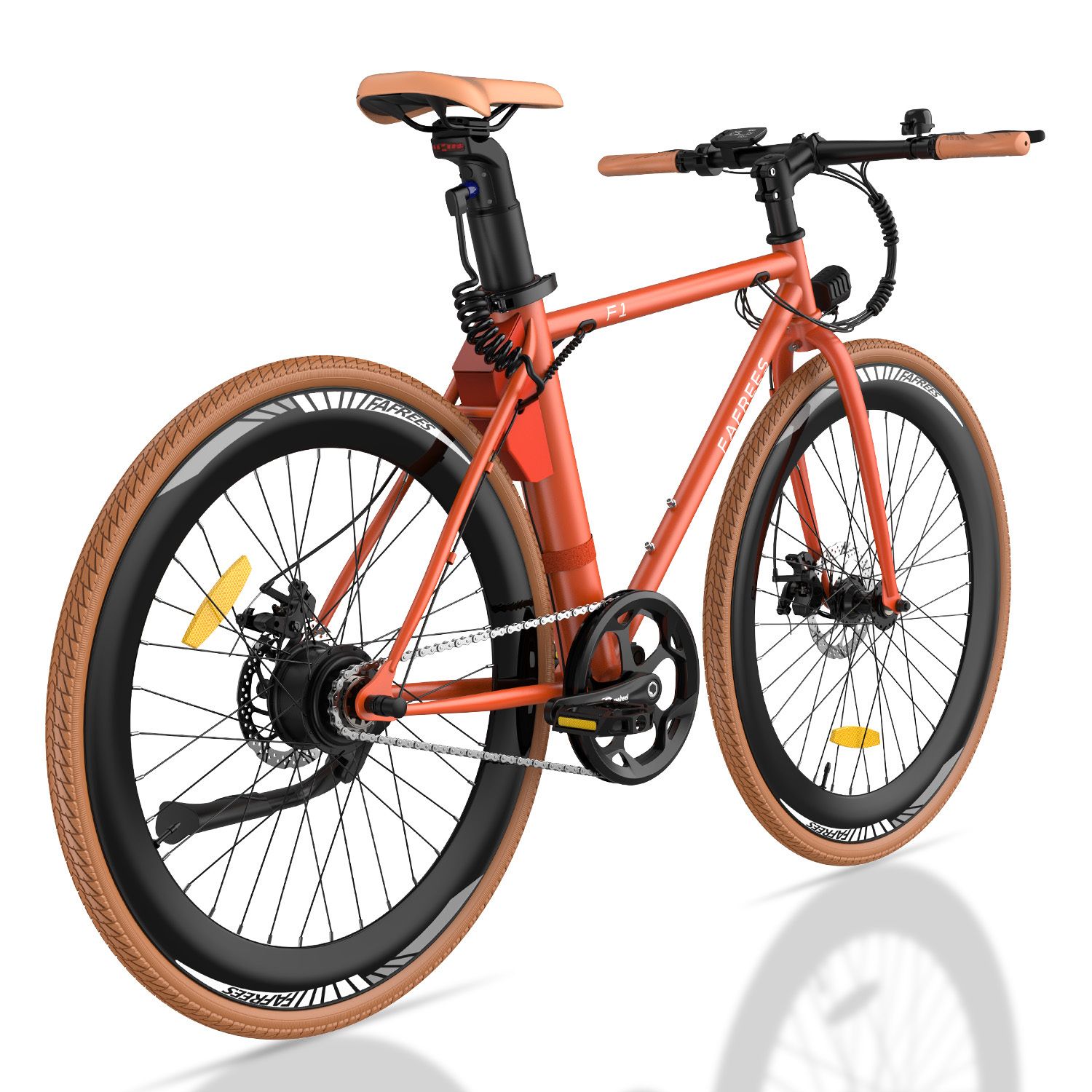 Orangefarbenes Elektrofahrrad mit braunen Reifen und Sattel. Fafrees-Logo und F1-Modellbezeichnung sichtbar.