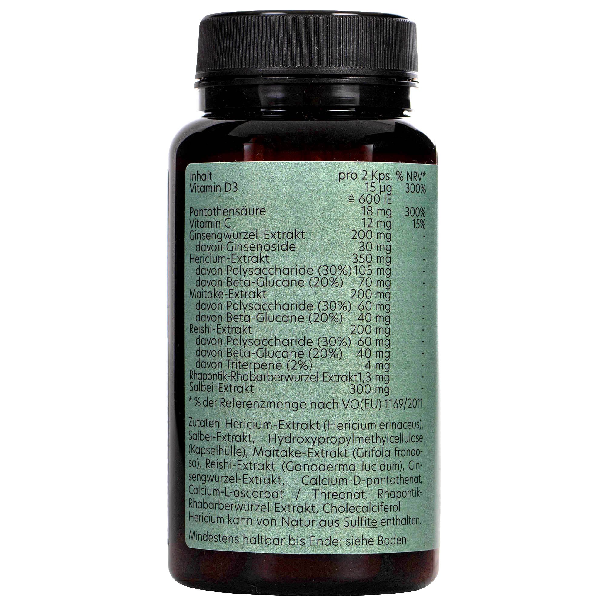 Braune Flasche mit grüner Beschriftung. Enthält Nahrungsergänzungsmittel. Zutatenliste und Nährwertangaben sind aufgedruckt.