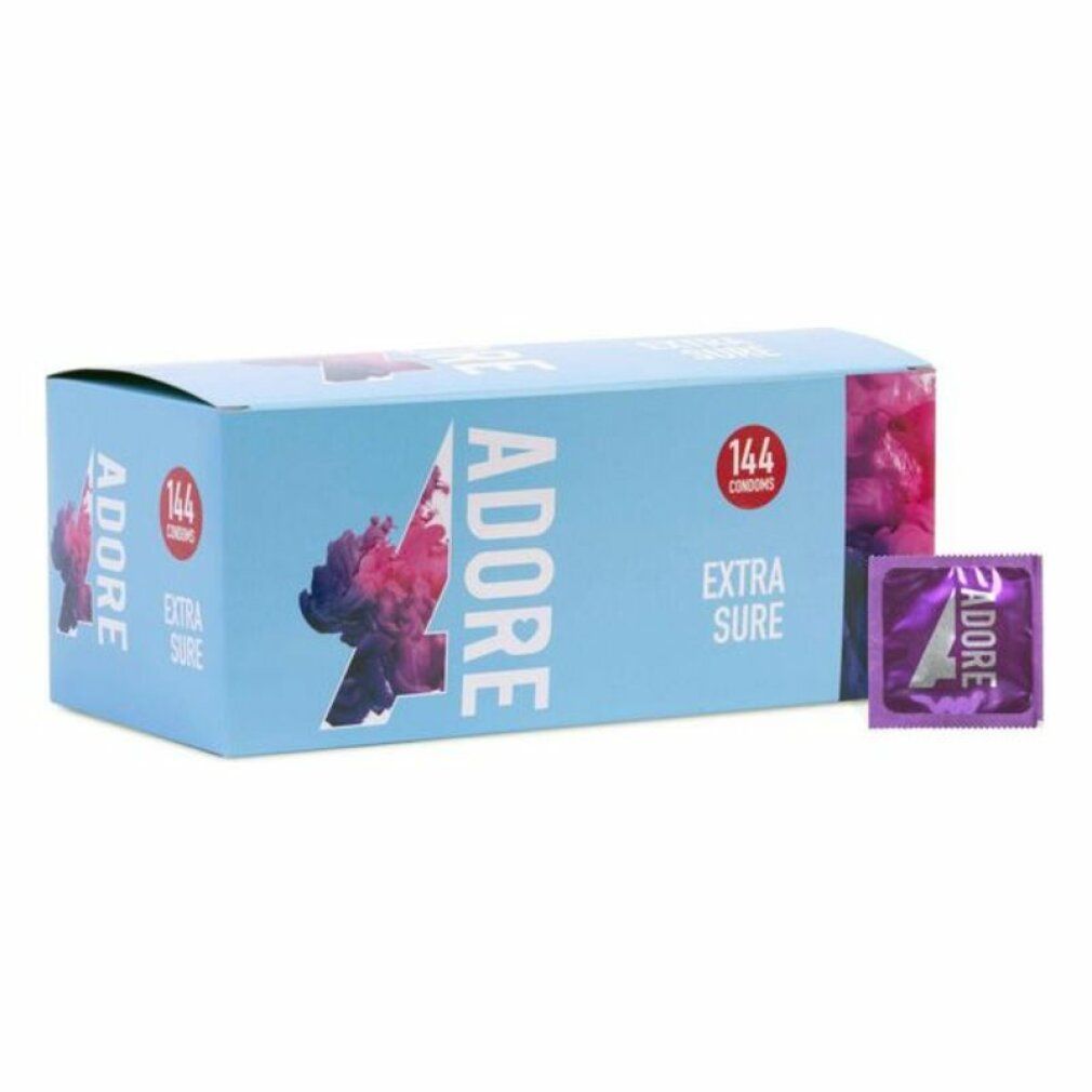 Hellblaue Schachtel mit Adore Extra Sure Kondomen. Einzelverpackung daneben. 144 Kondome.