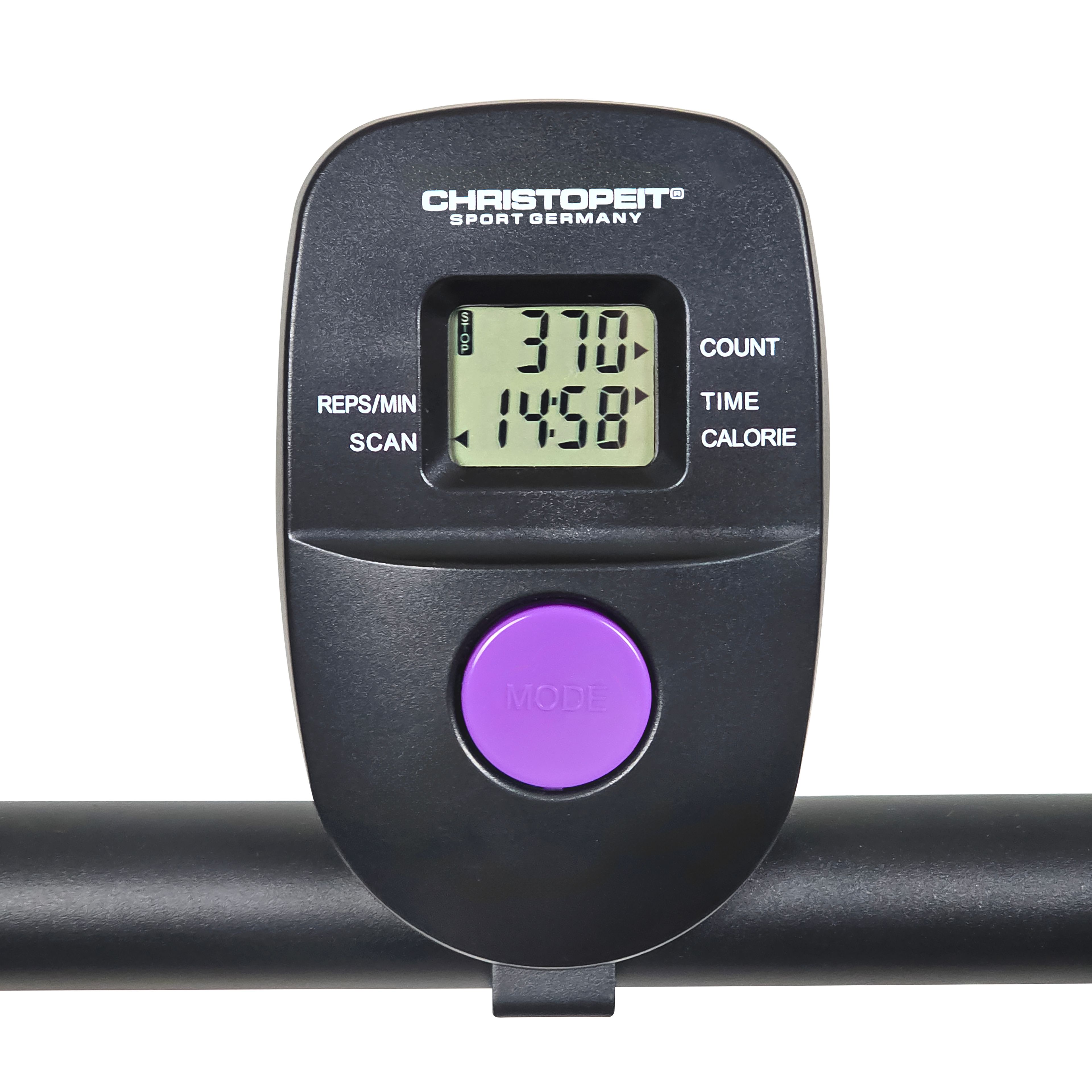 Digitales Display des Crosstrainers Climber 1000. Zeigt Zeit, Kalorien, Zählung und Reps/Min. Schwarzes Gehäuse, lila Taste.