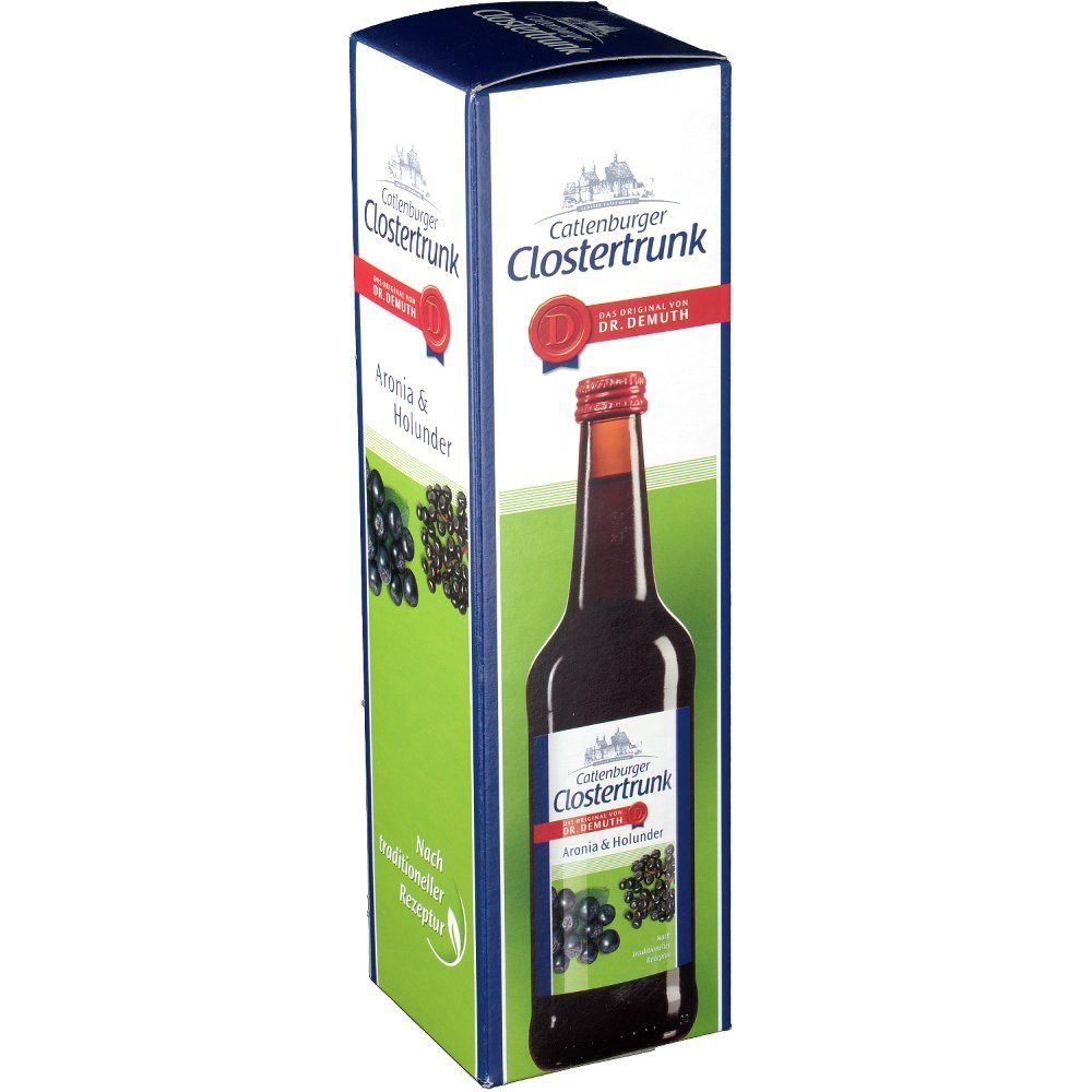 Karton mit Aufdruck. "Clostertrunk Aronia & Holunder" mit Flaschenabbildung. Text in Deutsch. Flasche mit roter Kappe.