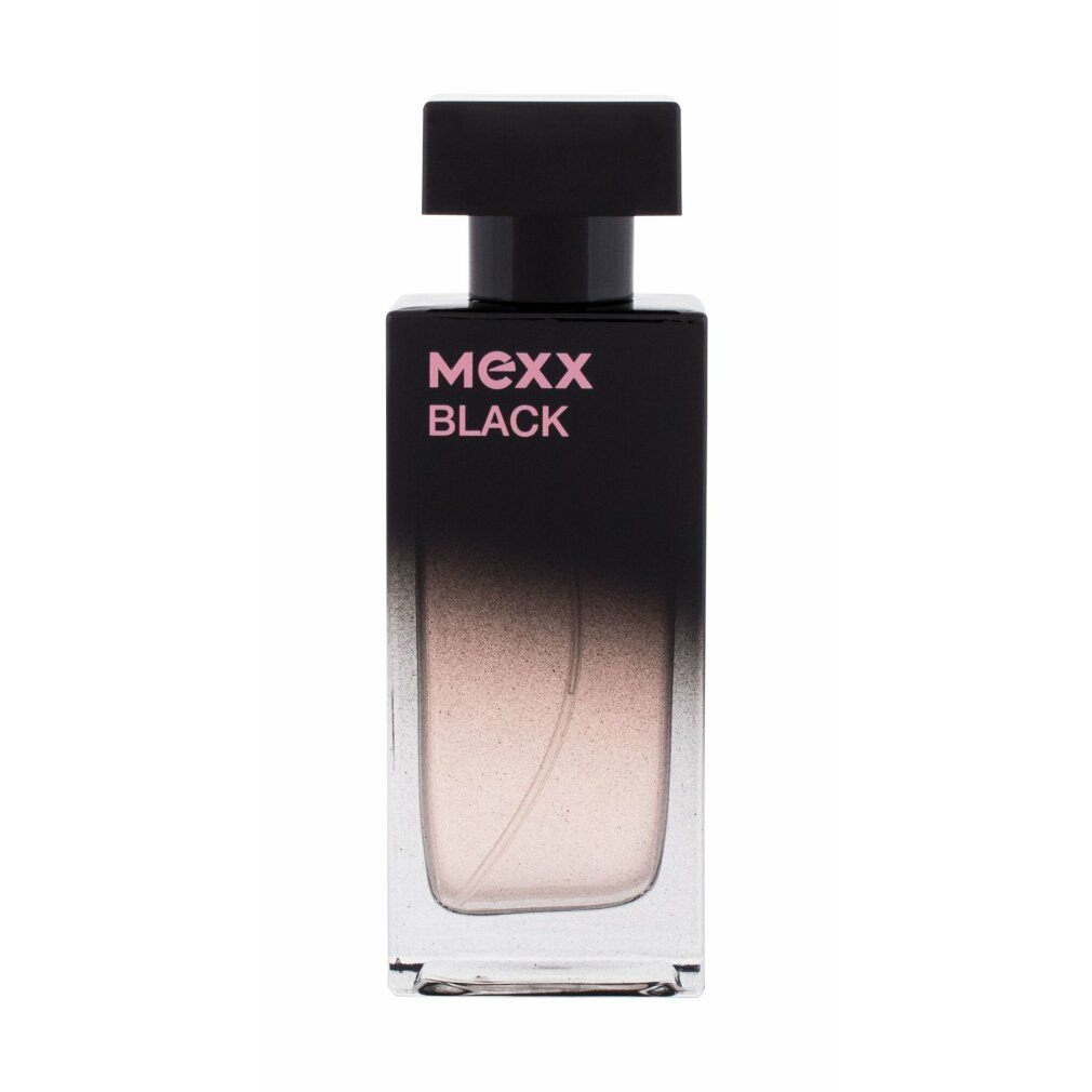 Schwarzer Flakon mit schwarzem Deckel. Aufschrift: Mexx Black. Farbverlauf von Schwarz zu Rosa.